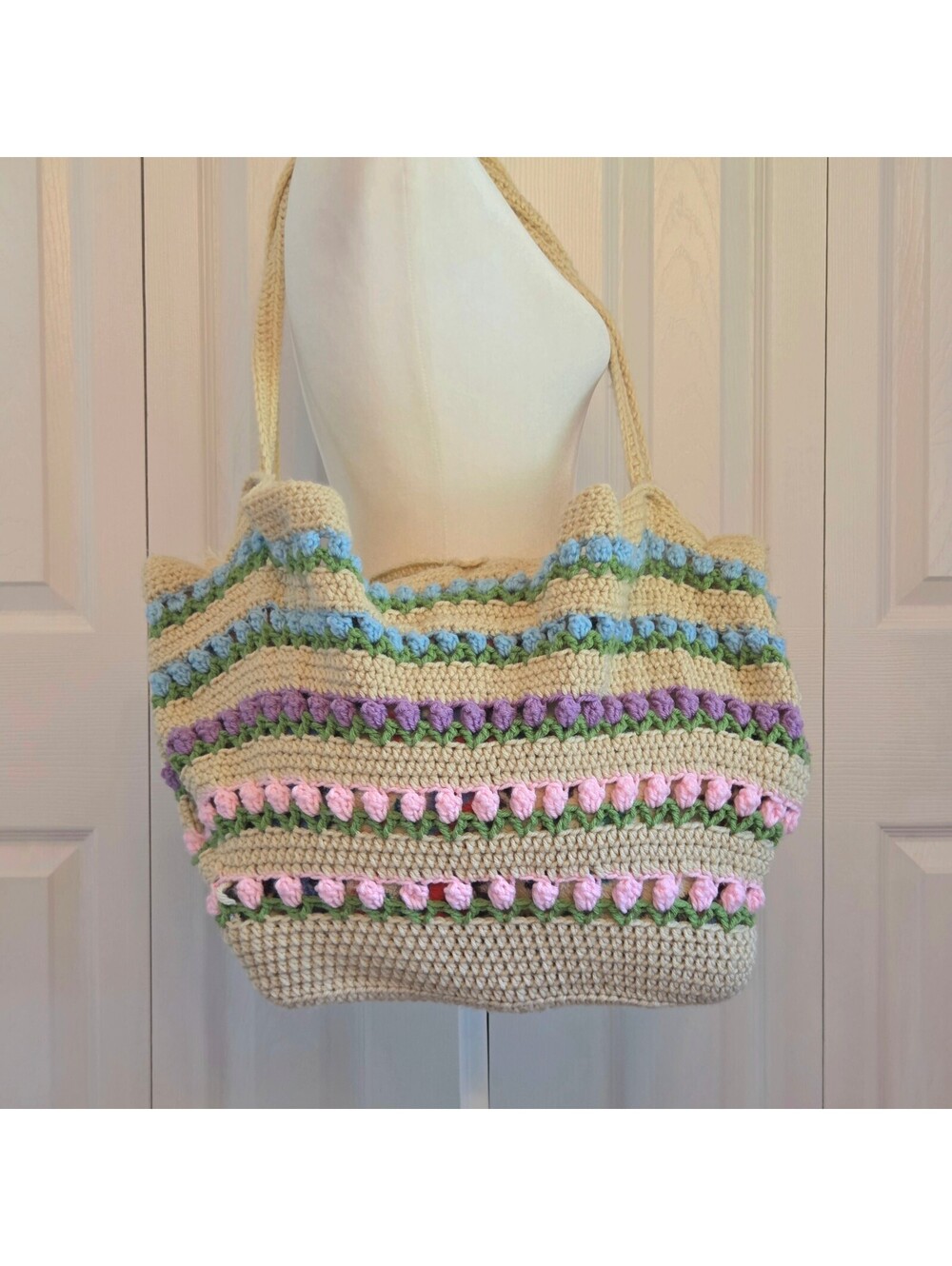 Handmade Crochet Tote Bag with Blue and Pink Tulips Indie Cottage Prairie